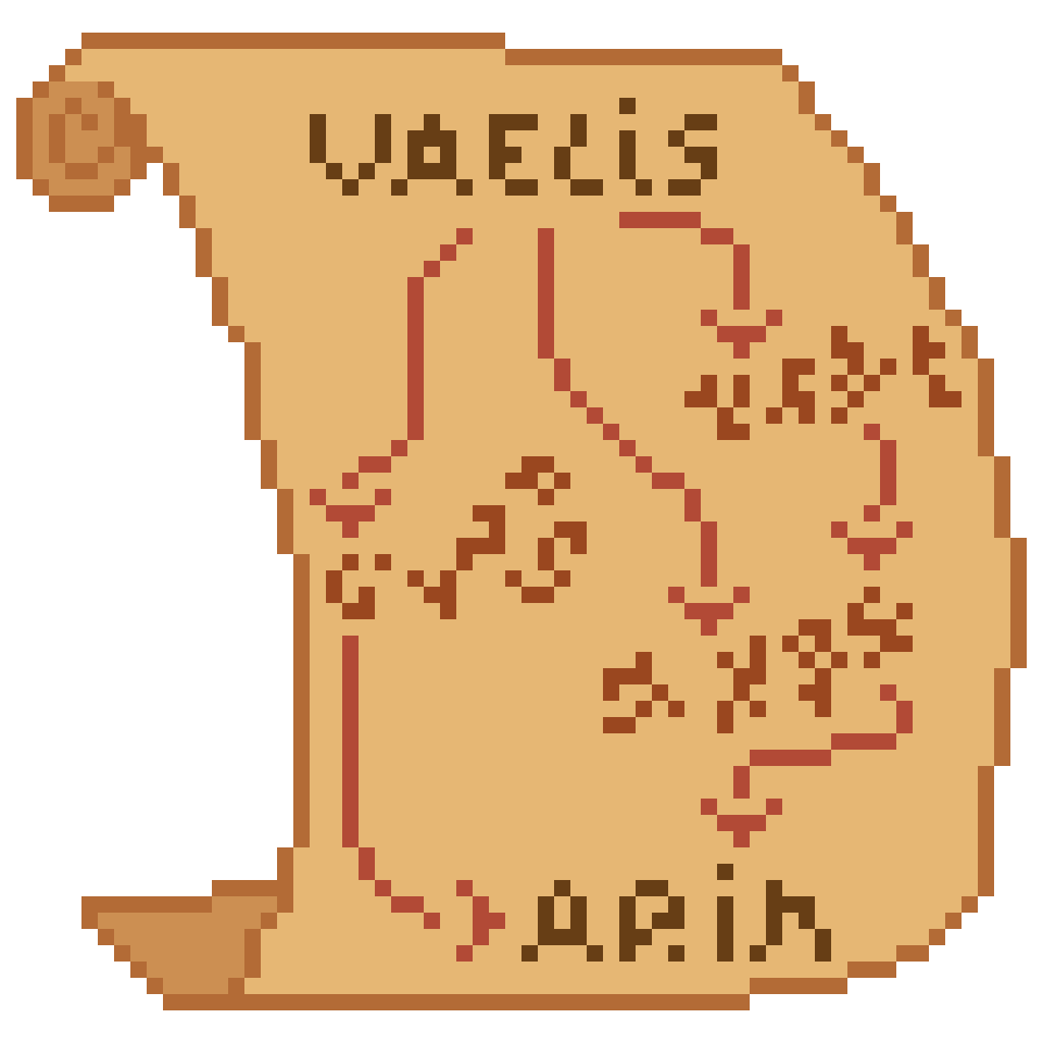 Vaelis Arin's Icon A pixel art of an opened scroll with some words and arrows leaving from the word "Vaelis", stopping at different places with other words that had new arrows, and all of it ended up pointing at "Arin".
