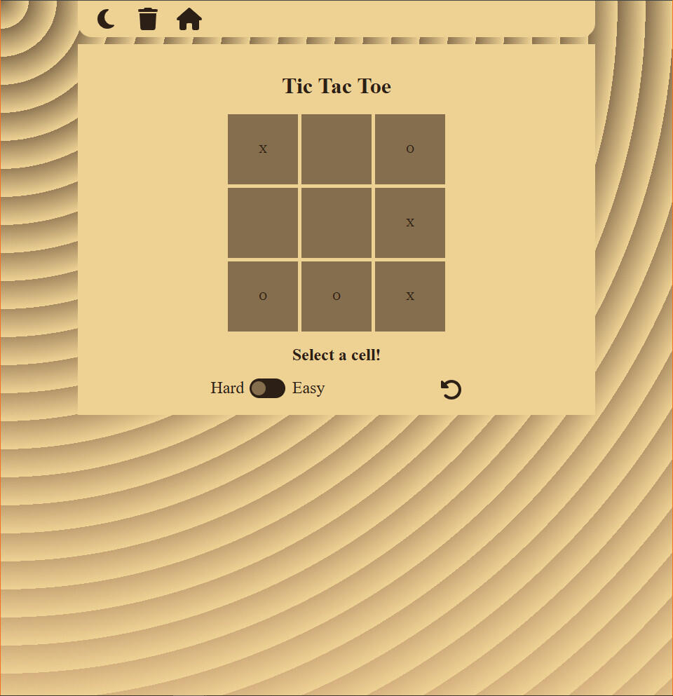Screenshot of Tic Tac Toe minigame A screenshot from a simple light brown coloured website showing a half-done Tic Tac Toe game.
