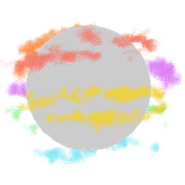 Creator's rain A simple drawing of a ligth gray sphere surrounded with dusty clouds painted orange, red, pink, yellow, green, and blue.